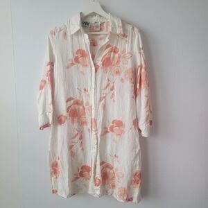 edward womens 100% linen floral shirt dress sz 10 button-down 3/4 sleeve beachy